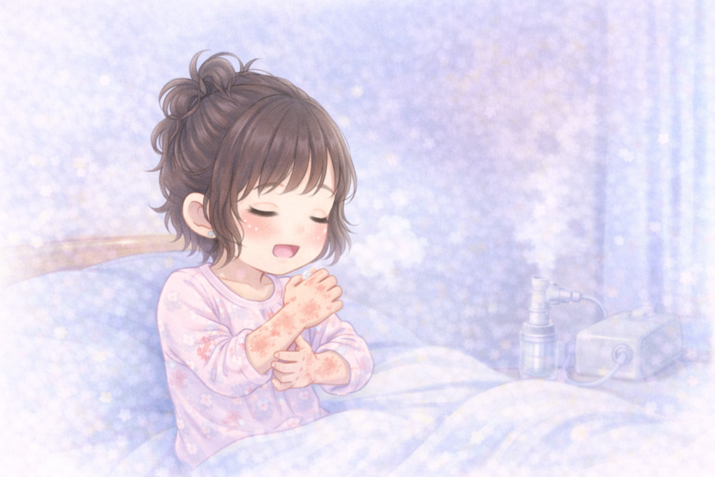 葵の幼少期、原因不明のアトピーにより、夜な夜な体をかきむしっている。