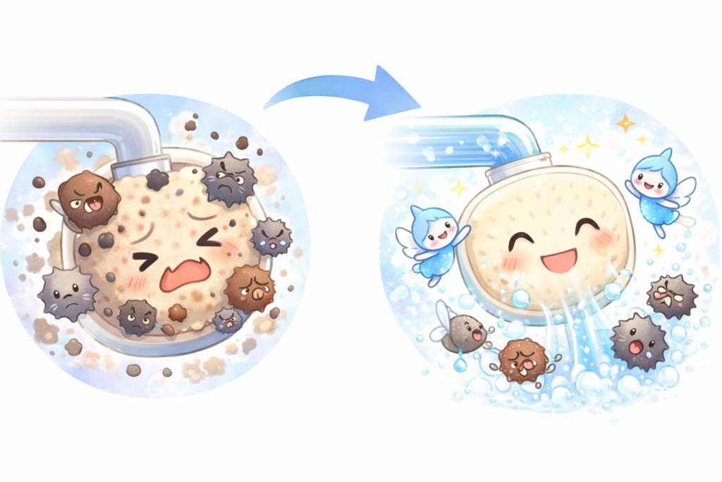 逆流洗浄により、貯まったゴミや不純物を反対側から洗い流す様子