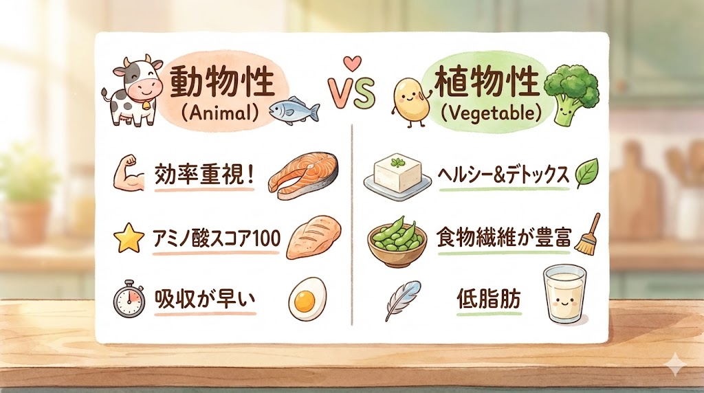 動物性たんぱく質と、植物性たんぱく質それぞれの特徴をまとめたもの。