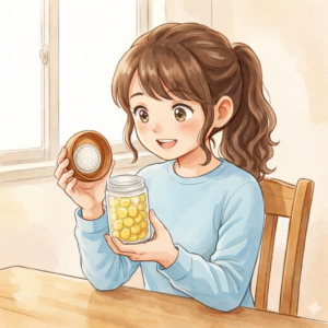 お気に入りのビタミンCの蓋が機能的であることに感動している葵。