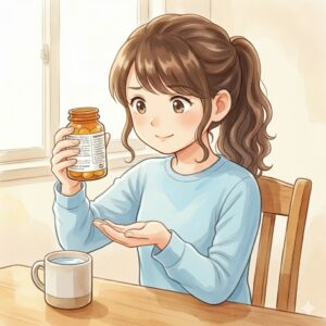 信頼して飲めるビタミンC剤を、安心したように服用しようとしている葵。