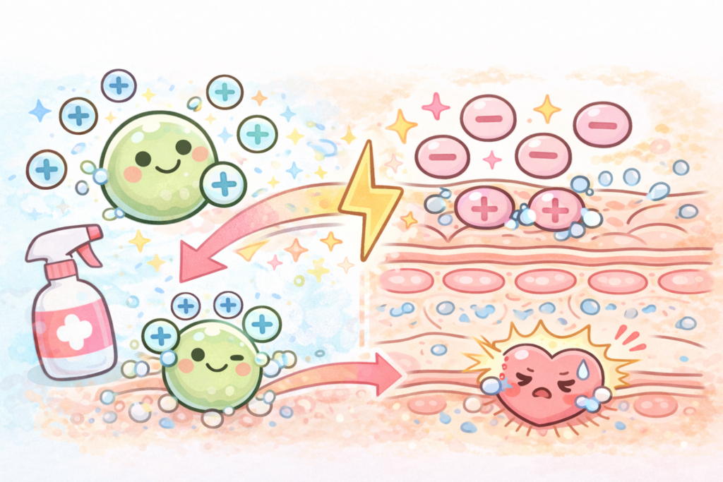 柔軟剤に含まれる陽イオン界面活性剤が、肌に吸着してしまい、刺激を起こしている。