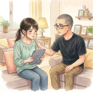 葵が化学物質過敏症について調べ、その検索結果に落ち込んでいる時、静が「気にすることはないよ」、と励ましている。