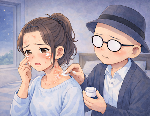 発疹がひどく、自分の顔に軟膏を塗る葵。首の後ろに軟膏を塗る静。