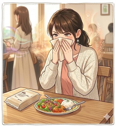 急に強い香料に晒された時に、持参した紙ナプキンで耐える葵