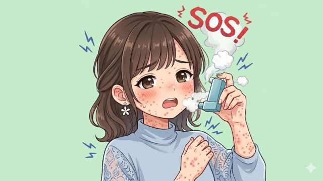 顔や手の発疹に苦しみ、もう勘弁してほしい、助けてほしいと願いながら薬を使用する葵。