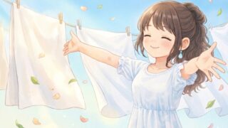 柔軟剤をやめ、香害を受けることなく、気持ちよさそうに洗濯物を干す葵。