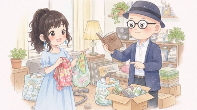 葵と静が、二人で相談しながら荷物を整理整頓し、断捨離を進めている。