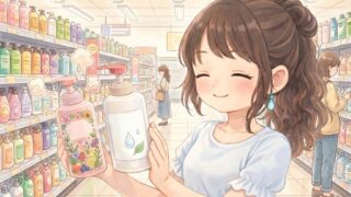 買い物中、香料付きと無香料の商品が並び、嬉しそうに「無香料」を手に取る葵。