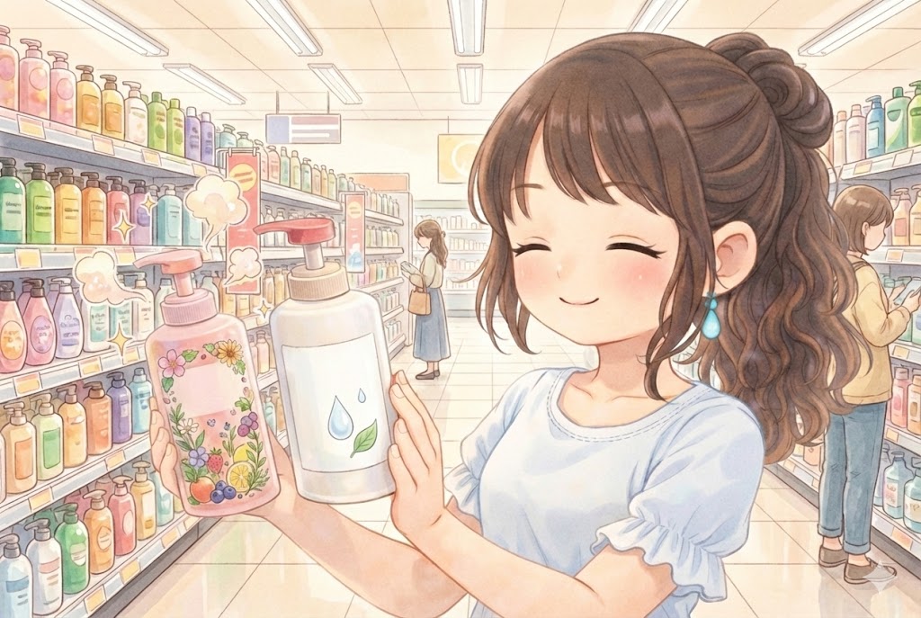 買い物中、香料付きと無香料の商品が並び、嬉しそうに「無香料」を手に取る葵。