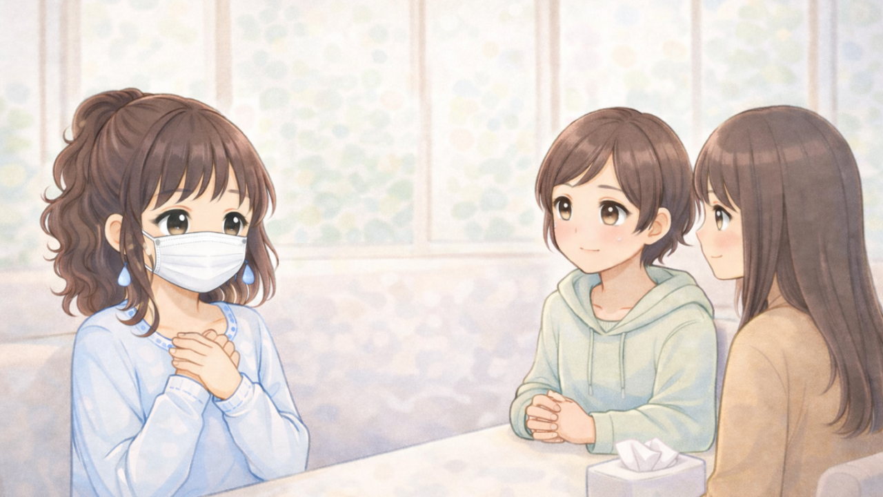 葵が、自分が化学物質過敏症である事を、友人二人にカミングアウトしている。