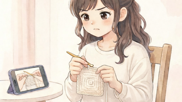 慣れない編み物に悪戦苦闘している葵。