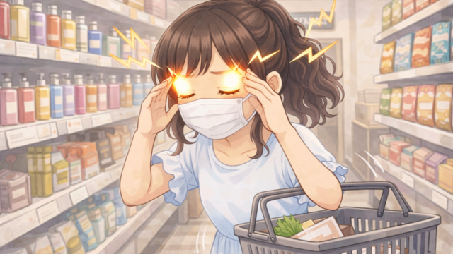 買い物中、香料による肌の異常にいち早く気づく葵。