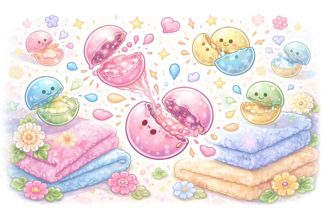 柔軟剤を使った洗濯物で、香料が詰まったマイクロカプセルが弾け、匂いが広がり、洗濯物に付着している。