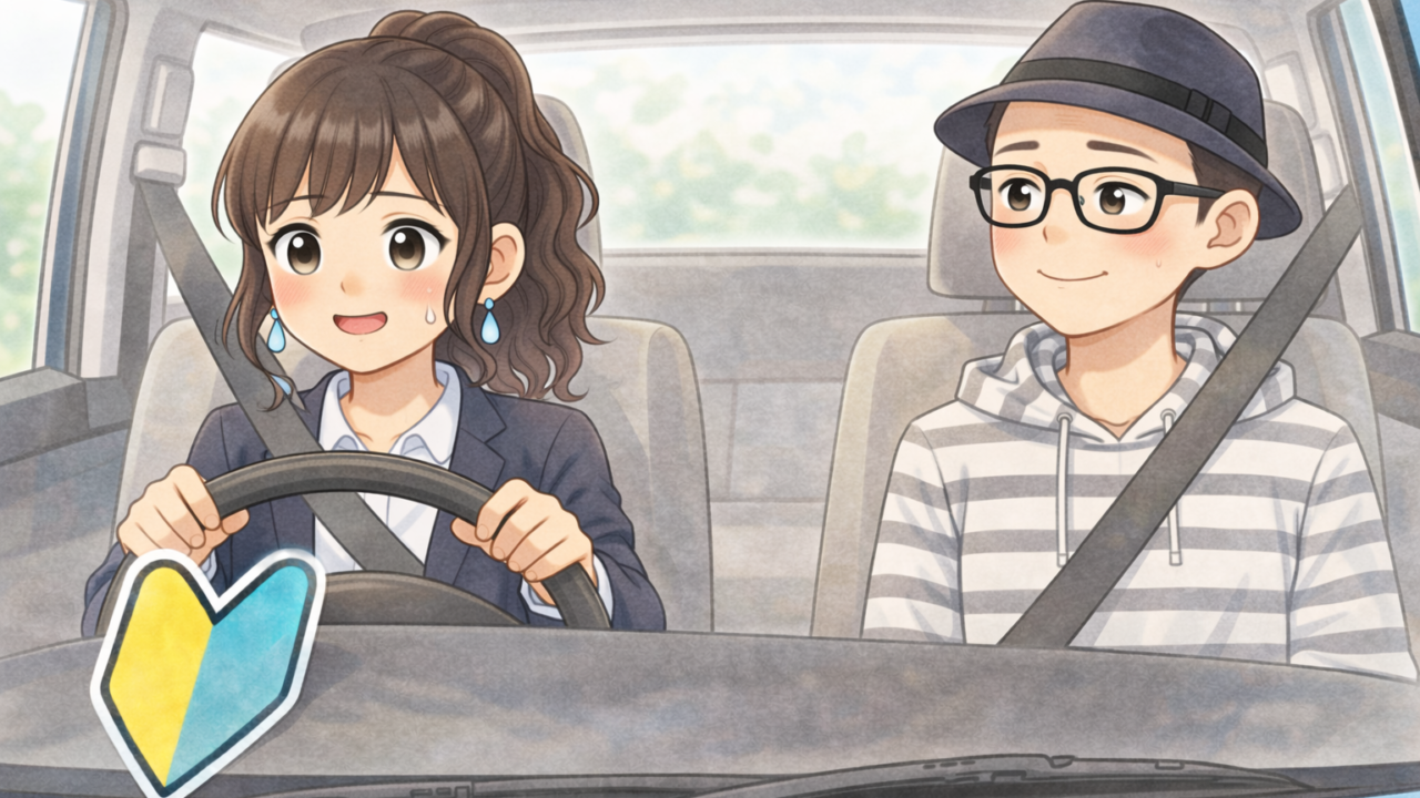 静に助手席に乗ってもらい、指導を受けながら車の運転の練習を開始する葵。