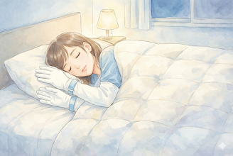 寝ている間に素手で顔を搔いてしまわないよう、工夫して手袋を着用する葵。