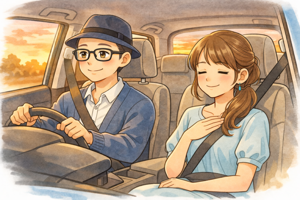 帰りの車の中で、友人や家族にカミングアウトし、そして無事に受け入れてもらえたことに安堵している葵と静。