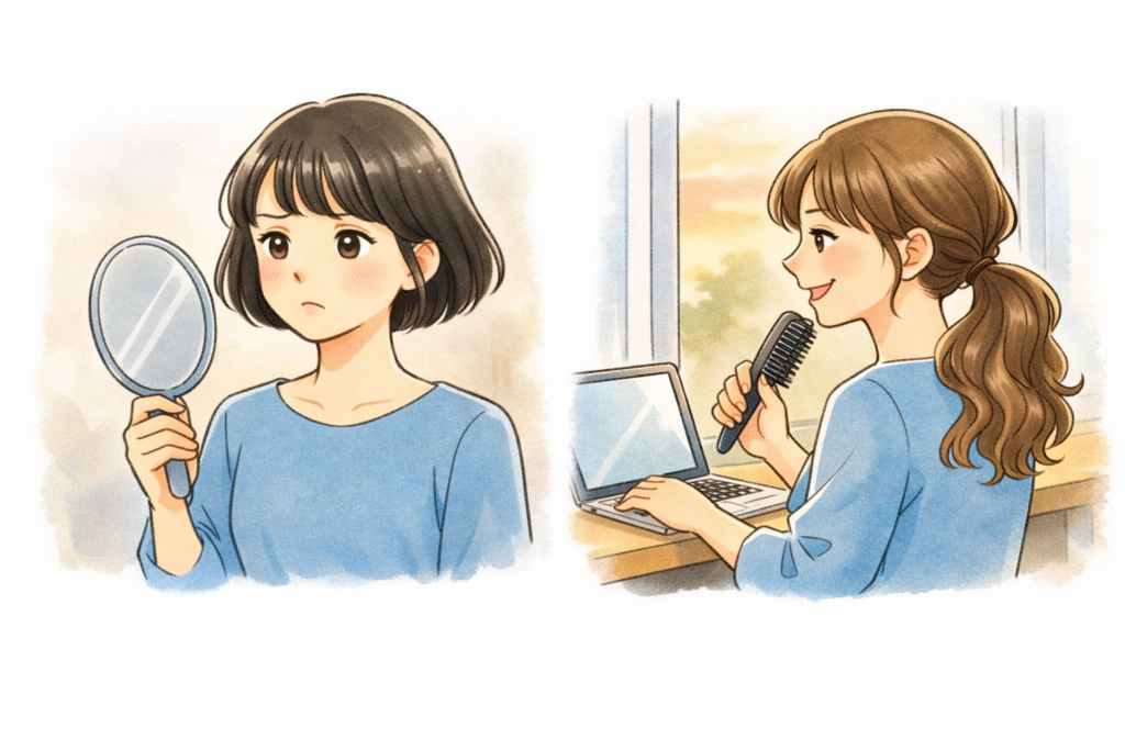 ショートヘア時代の葵は、髪型の維持が大変だった。美容院に行けなくなったのもあり、ロングヘアにすることを決意している。