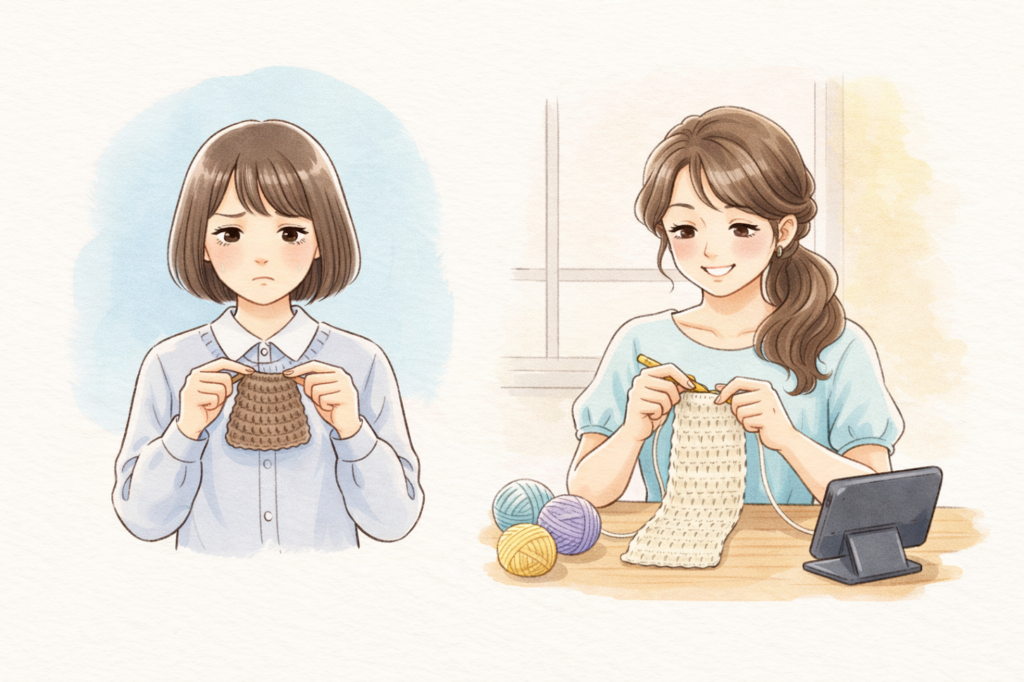 昔、編み物が全く上手にできなかった葵(左)と、少しずつ編み物に慣れてきて楽しくなっている現在の葵(右)。