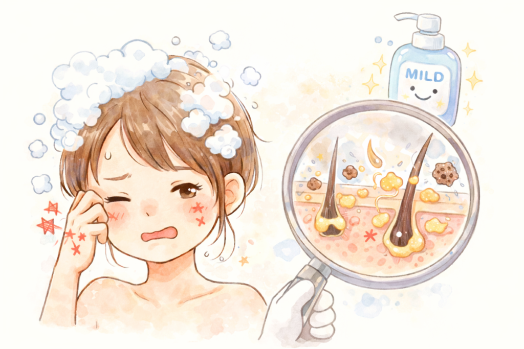 皮脂や整髪料が落ちきらず、逆に肌荒れを感じてしまうイラスト