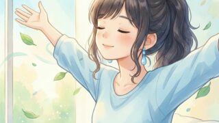 朝日を浴びて、自律神経を整えている葵。