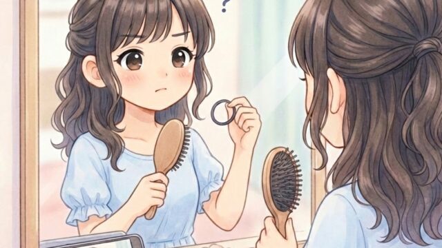 今までヘアアレンジをしてこなかった葵が、頭をかしげながらヘアアレンジに挑戦している。