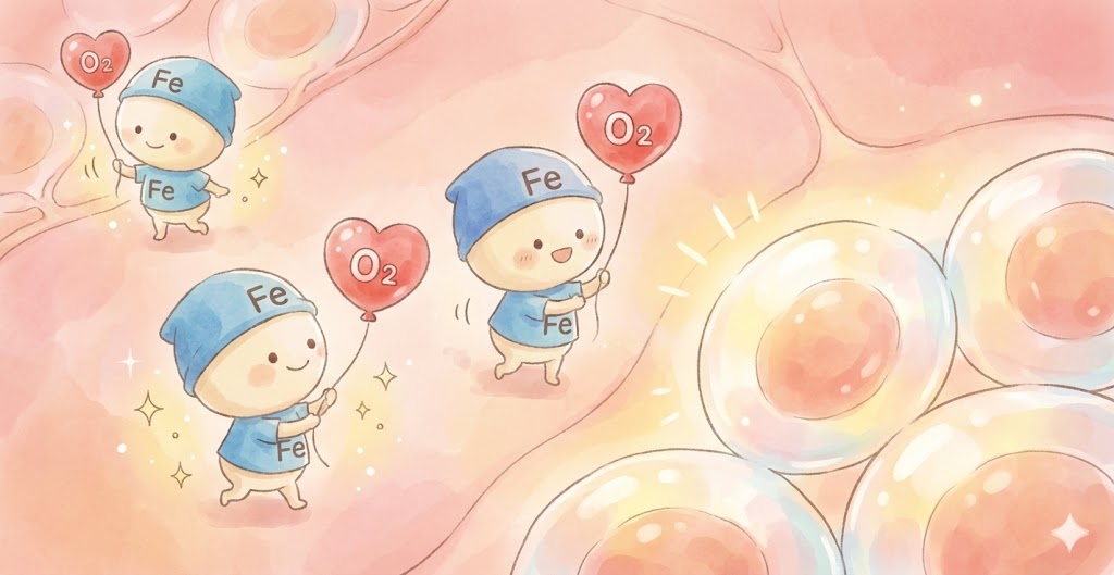 鉄が血液の中のヘモグロビンとくっついて、全身に「酸素」を運んでる様子