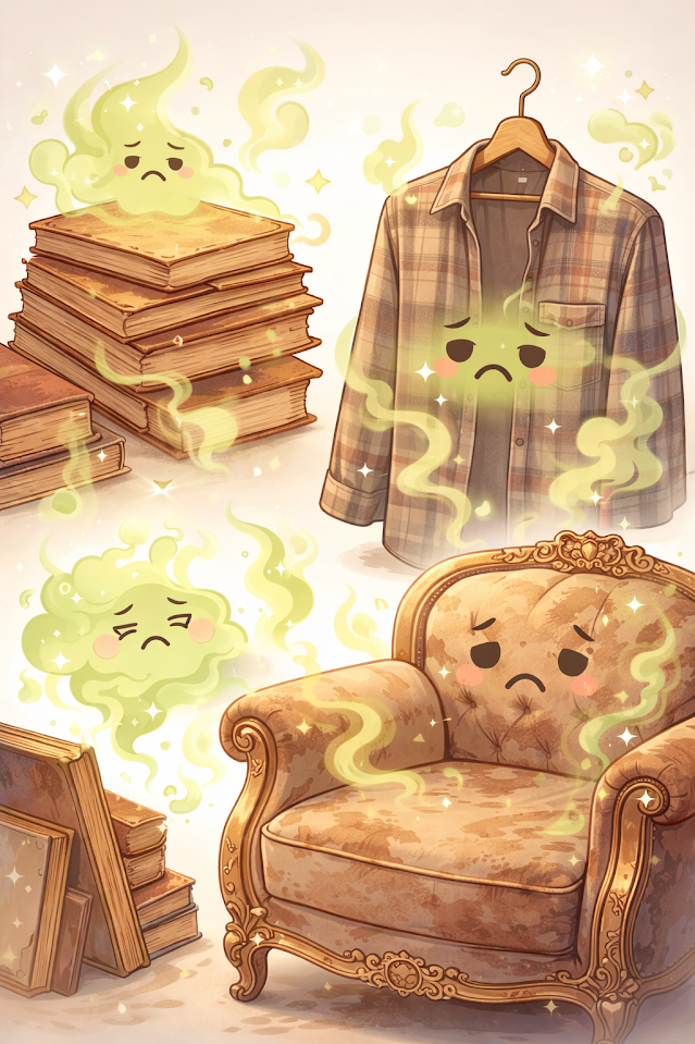 長年使っている家具に、様々な香料がしみ込んでしまい、がんこな匂いを放っている。