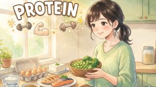 たんぱく質豊富な食材をキッチンにたくさん並べている葵