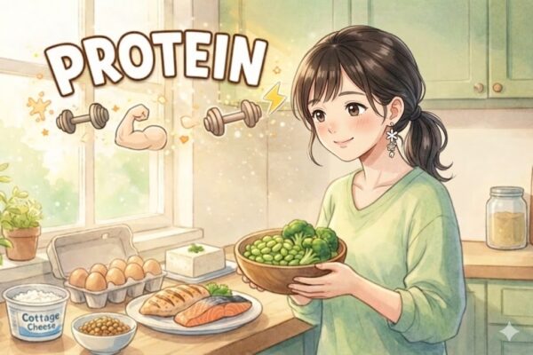 たんぱく質豊富な食材をキッチンにたくさん並べている葵