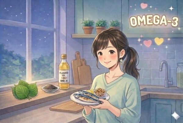 オメガ３が豊富な食材をキッチンにたくさん並べている葵