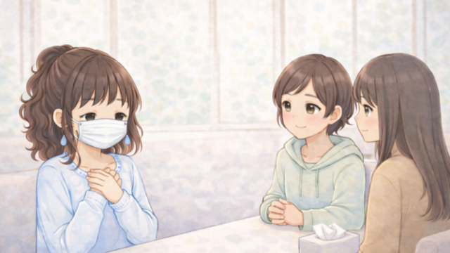 葵が、自分が化学物質過敏症である事を、友人二人にカミングアウトしている。