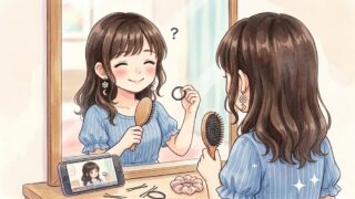 今までヘアアレンジをしてこなかった葵が、頭をかしげながらヘアアレンジに挑戦している。
