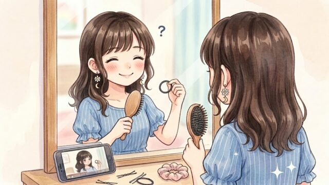 今までヘアアレンジをしてこなかった葵が、頭をかしげながらヘアアレンジに挑戦している。