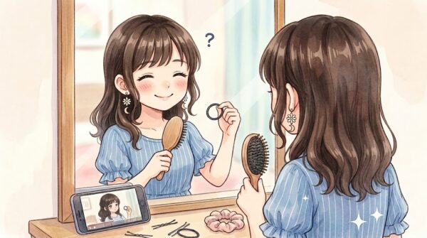 今までヘアアレンジをしてこなかった葵が、頭をかしげながらヘアアレンジに挑戦している。