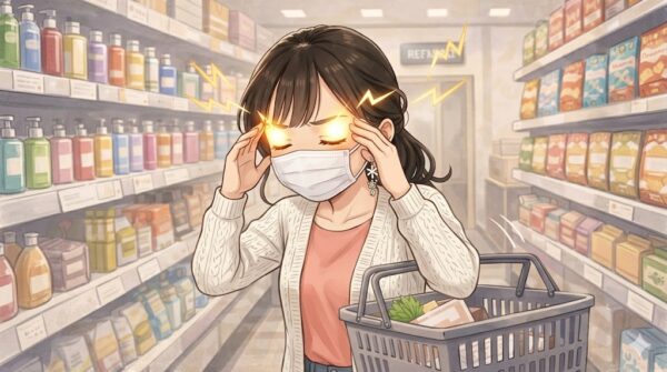 買い物中、香料による肌の異常にいち早く気づく葵。