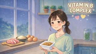 ビタミンB群豊富な食材をキッチンにたくさん並べている葵