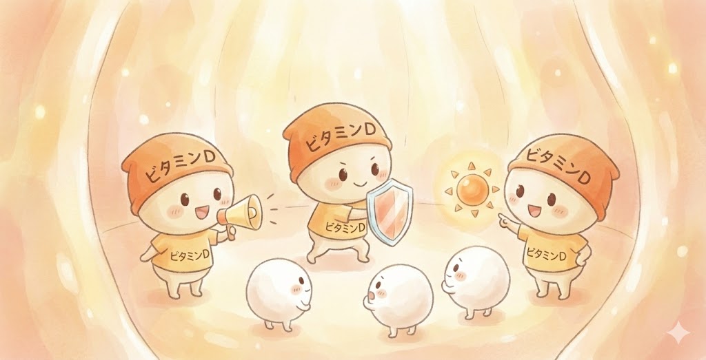 ビタミンDが、暴走しがちな免疫をなだめて、正常なバランスに戻したり、
お肌の細胞の成長を助け、バリア機能を内側からサポートしている様子