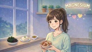 マグネシウム豊富な食材をキッチンにたくさん並べている葵