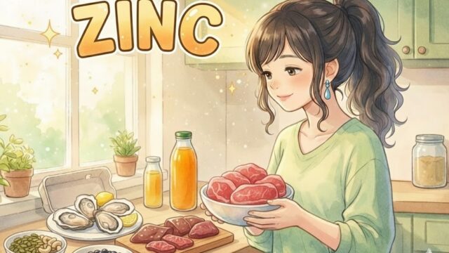 亜鉛を豊富に含む食材を手に持ち微笑んでいる葵。