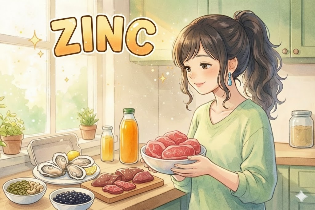 亜鉛を豊富に含む食材を手に持ち微笑んでいる葵。