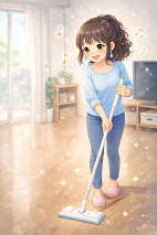 断捨離が進んで部屋の物が少なくなり、快適に掃除をしている葵。