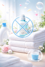 柔軟剤に×マークを付け、柔軟剤を使わない生活を柔らかく促している。