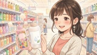 買い物中、香料付きと無香料の商品が並び、嬉しそうに「無香料」を手に取る葵。