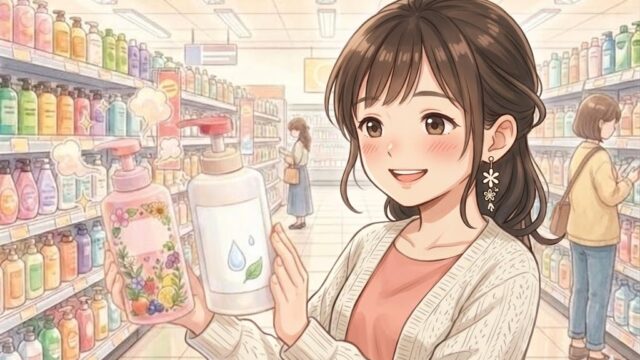 買い物中、香料付きと無香料の商品が並び、嬉しそうに「無香料」を手に取る葵。