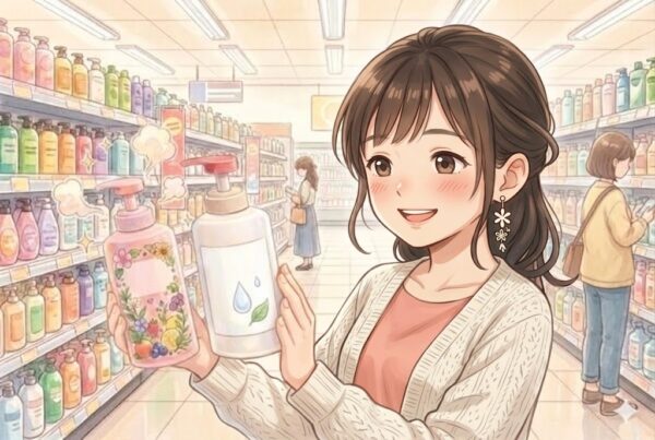 買い物中、香料付きと無香料の商品が並び、嬉しそうに「無香料」を手に取る葵。