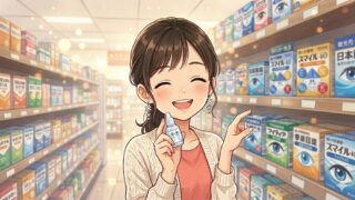 ドラッグストアで、防腐剤無添加、無香料、刺激のない目薬を選んで嬉しそうにしている葵。