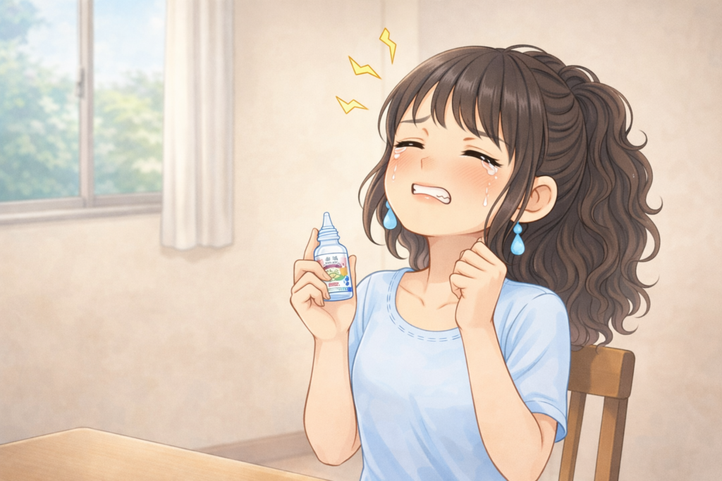 以前使っていた目薬の刺激に苦しんでいる葵。