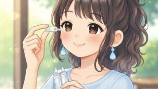 外出用の防腐剤無添加、無香料、刺激なしの目薬を使用する葵。