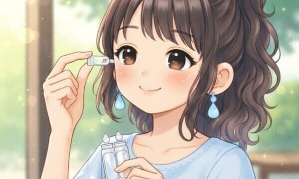 外出用の防腐剤無添加、無香料、刺激なしの目薬を使用する葵。